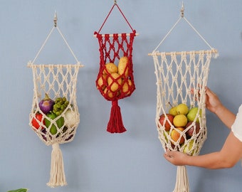 Macrame Fruit Hanger, Fruit Hanging Basket, Wall Mount Fruit Basket, Kitchen Decor, Kitchen Storage, Housewarming Gift, Fruit Holder H07