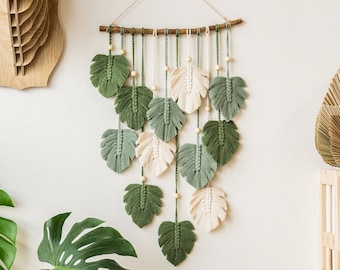 Green Monstera Leaves Macrame Wall Hanging, Variegated Monstera, Botanical Wall Art, Christmas Gift, Safari Nusery Decor, New Home Gift L02