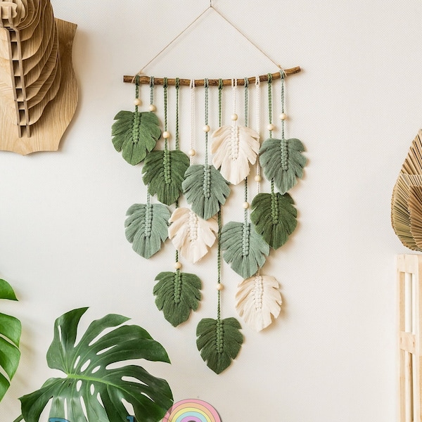 Green Monstera Leaves Macrame Wall Hanging, Variegated Monstera, Botanical Wall Art, Christmas Gift, Safari Nusery Decor, New Home Gift L02