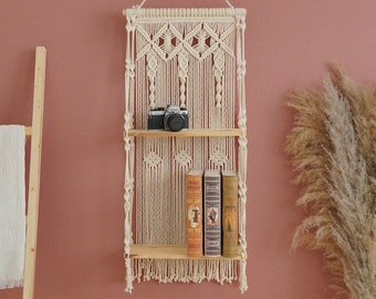 Estantes de Macrame, Estante de madera flotante, Regalos hechos a mano, Estantes de pared colgantes, Decoración rústica del hogar, Regalo de niña boho, Estante de madera natural S12