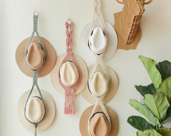 Soporte para sombreros de macramé, perchero bohemio, estante para sombreros, almacenamiento de sombreros, exhibición de sombreros, estilo rústico, regalo para ella, regalo de Navidad H01