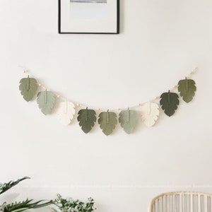 Safari Nursery Decor Leaves Garland, Macrame Boho Bunting, Jungle Nursery Decor, Green Leaf Vines, Macrame Wall Hanging, Farmhouse Decor H34