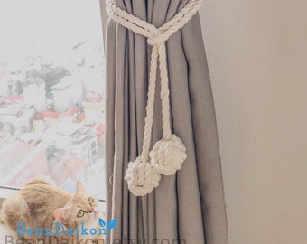 Curtain Tie Back for Draperies, Natural Cotton Rope BalL, Curtain tie-backs, Boho Rope Curtain Hooks, Holdback Rustic Nautical TieBacks C09