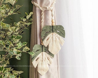 Handmade Leaf Curtain Tieback, Macrame Monstera Tiebacks, Boho Curtain Holdback, Farmhouse Decor, Plant Lover Gift, Farmhouse Decor C07