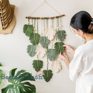 Large Green Monstera Leaves Macrame Wall Hanging, Variegated Monstera, Botanical Wall Art, Safari Nursery Decor, Mid Century Modern L02