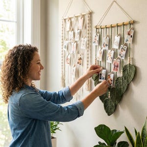 Suporte para fotos em macramê, expositor de fotos em estilo boho, decoração de parede para dormitório com colagem, expositor de fotos Instax, presentes de Natal, inclui prendedores de madeira H02 imagem 12