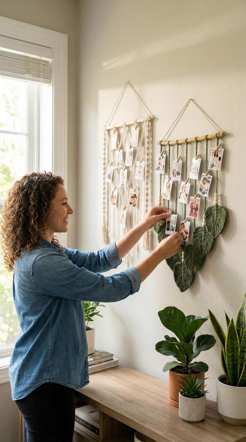 Suporte para fotos em macramê, expositor de fotos em estilo boho, decoração de parede para dormitório com colagem, expositor de fotos Instax, presentes de Natal, inclui prendedores de madeira H02 imagem 12
