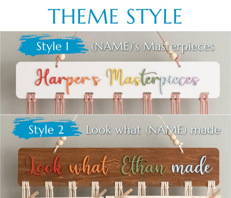 Puede incluir: Dos estilos diferentes de letreros de madera para exhibir obras de arte. El primer estilo es blanco con el texto "(NAME)'s Masterpieces" y el segundo estilo es marr&oacute;n con el texto "Look what (NAME) made". Ambos letreros tienen texto colorido y est&aacute;n decorados con peque&ntilde;as cuentas de madera.