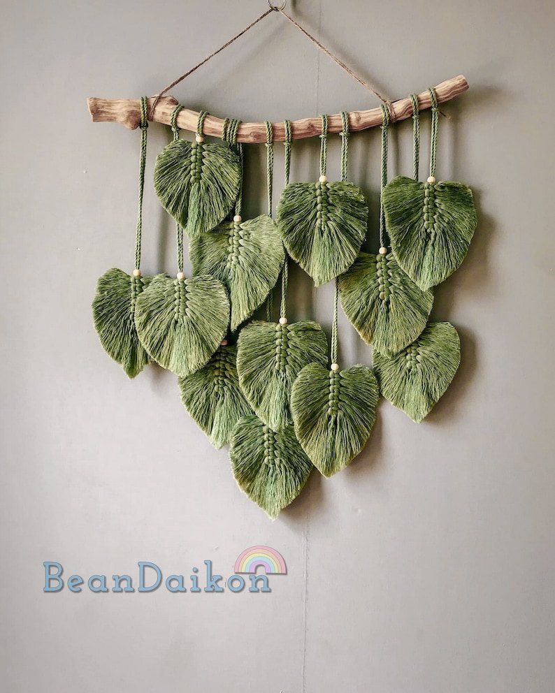 Green Leaves Macrame Wall Hanging, Macrame Feather Wall Decor, Scandinavian Decor, Christmas Wall Hanging, Wall Art, Nursery Fall Decor Gift