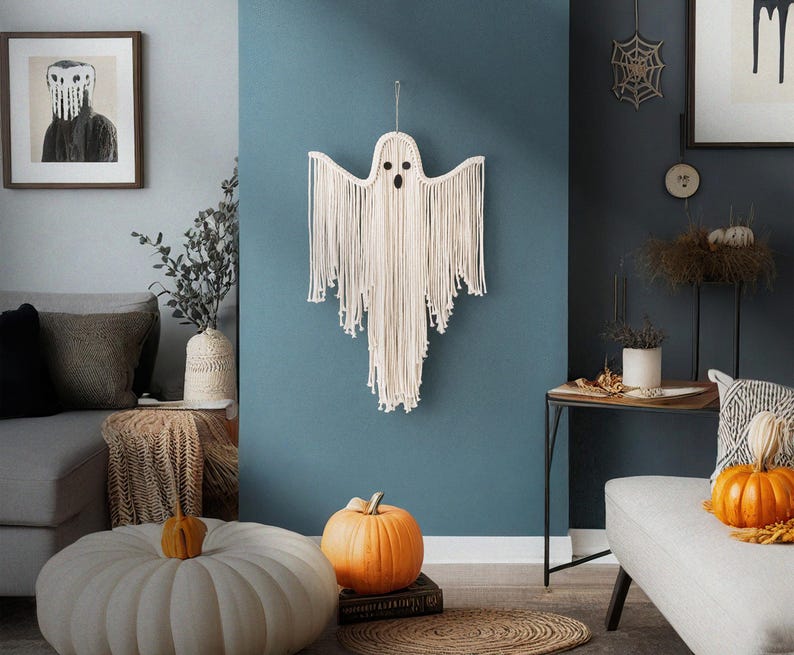 Macrame Ghost, Witchy Decor, Retro Halloween, Spooky Wall Art, Gifts For Goths, Hanging Decoration, Ghost Wall Decor, Cute Halloween V73 image 8