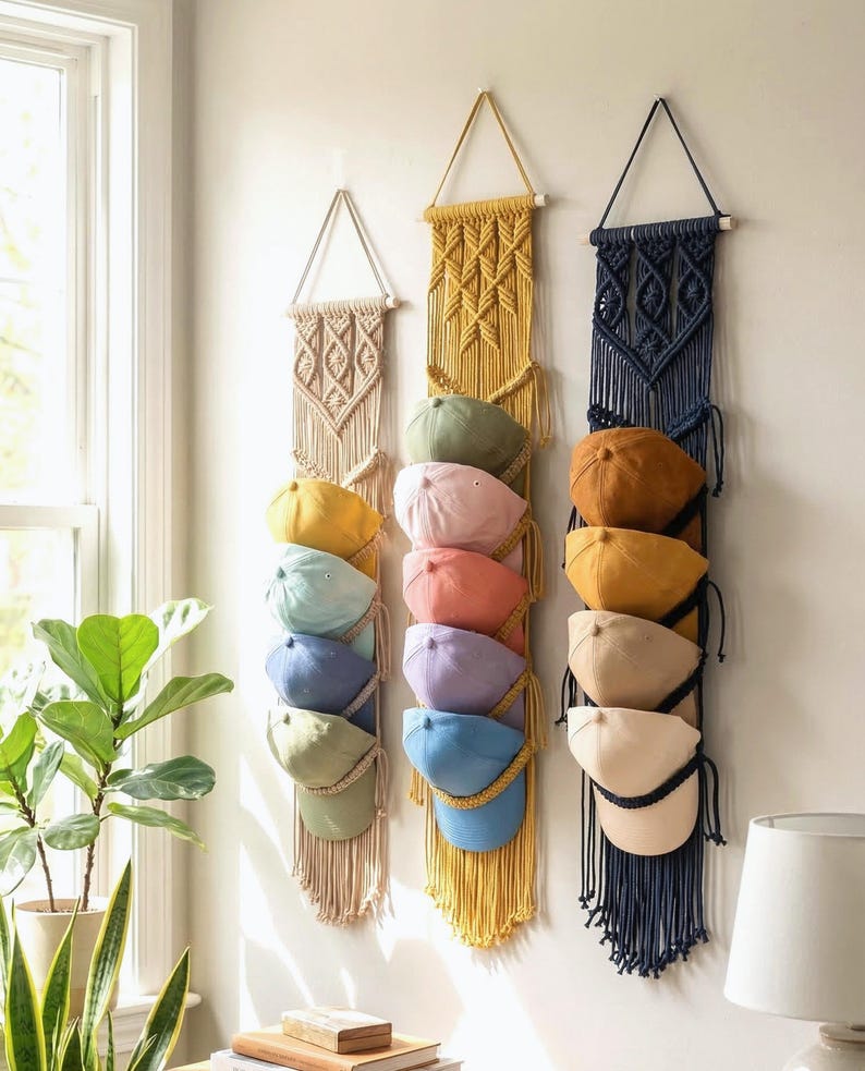 May include: Three macrame hat organizers in beige, yellow, and navy blue hang on a white wall. Each organizer holds several baseball caps in various colors, including yellow, green, pink, and blue. The organizers have a fringe detail at the bottom.