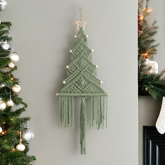 Unique Xmas Tree Decor, Boho Christmas Gift, Holiday Wall Hanging, Macrame Decoration, Pine Tree Decor, Christmas Gift, Winter Wall Art X32