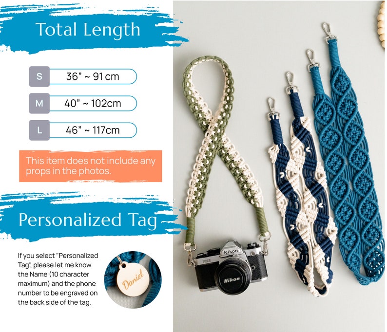 May include: Three camera straps made of macrame with different color combinations: green and white, navy and white, and blue. The straps are shown on a white background with a camera and a tag that says "Daniel". The straps are available in three sizes: small (36 inches or 91 cm), medium (40 inches or 102 cm), and large (46 inches or 117 cm).