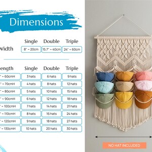 May include: A macrame wall hanging with 9 slots for storing hats. The wall hanging is made of natural cotton rope and has a diamond pattern. The slots are 8 inches wide and can hold up to 30 hats. The wall hanging is 24 inches wide and 60 inches long.  "NO HAT INCLUDED" is printed at the bottom of the image.