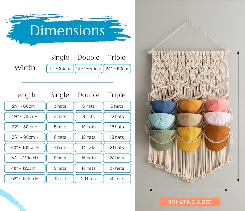 May include: A macrame wall hanging with 9 slots for storing hats. The wall hanging is made of natural cotton rope and has a diamond pattern. The slots are 8 inches wide and can hold up to 30 hats. The wall hanging is 24 inches wide and 60 inches long.  "NO HAT INCLUDED" is printed at the bottom of the image.