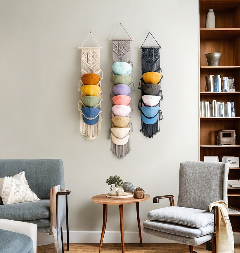 Macrame Cap Rack, Minimal Hat Hanger, Entryway Organizer, Cap Display, Wall Cap Hanger, Handmade Macrame H78 image 7