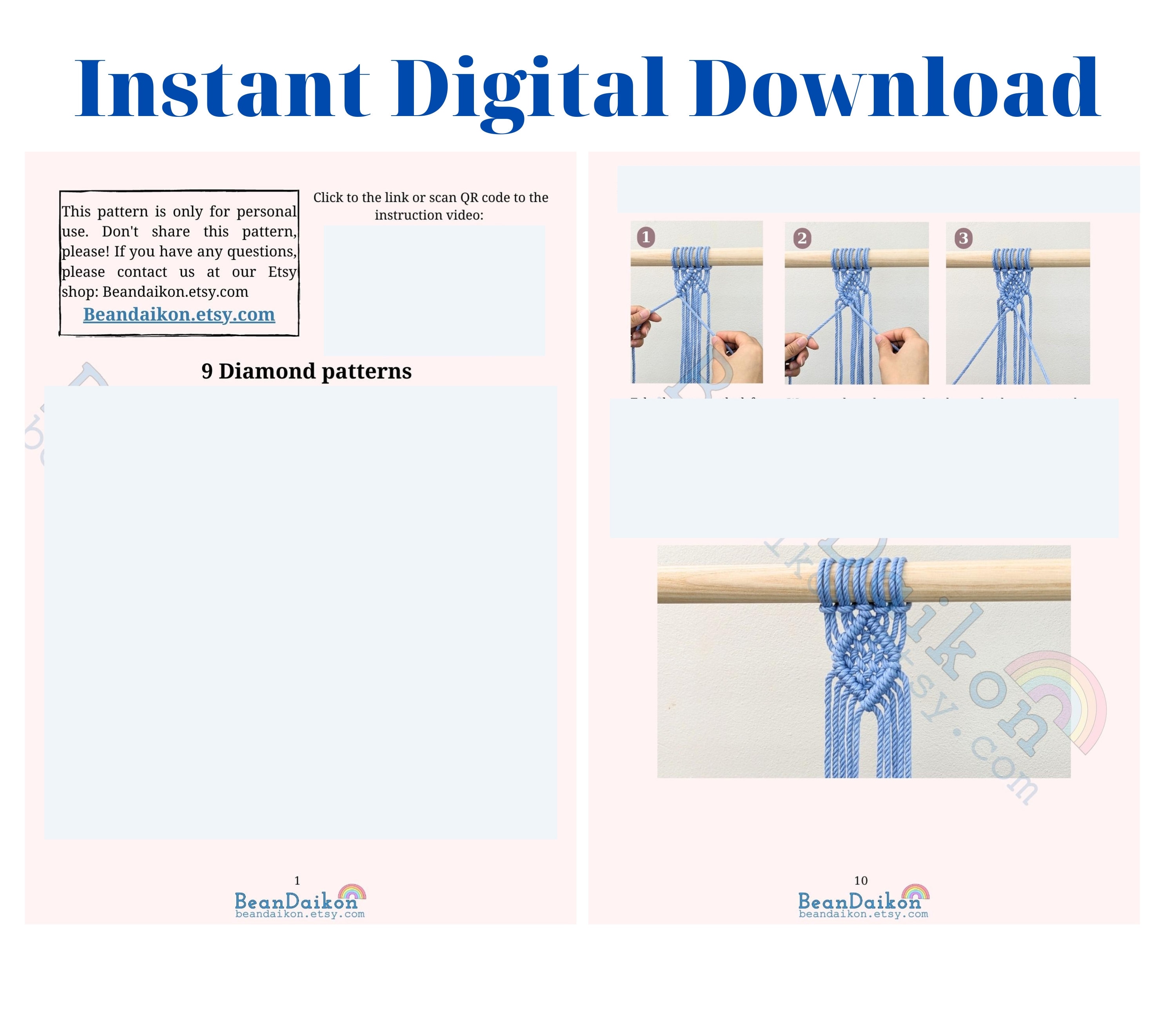 Macrame Diamond Pattern, Diy Macrame Pattern, Knot Instructions, Rope ...