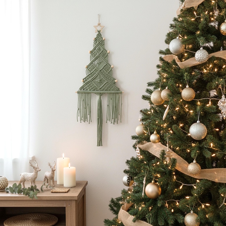 May include: A sage green macrame wall hanging shaped like a Christmas tree, featuring intricate knotted patterns, wooden beads along the edges, a star-shaped wooden topper, and a long central tassel hanging from the bottom edge.
