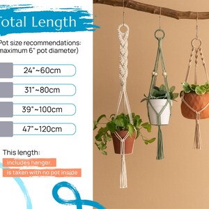 May include: Three macrame plant hangers with different lengths, each holding a potted plant. The hangers are made of natural white cotton cord and have wooden beads. The text on the image reads "Total Length (Pot size recommendations: maximum 6" pot diameter) 24"~60cm 31"~80cm 39"~100cm 47"~120cm This length: includes hanger. is taken with no pot inside"