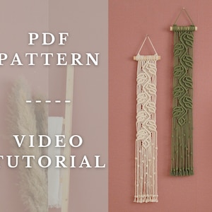 May include: Two macrame wall hangings with leaf patterns. The one on the left is white and the one on the right is green. The text "PDF PATTERN" and "VIDEO TUTORIAL" is visible on the left side of the image.