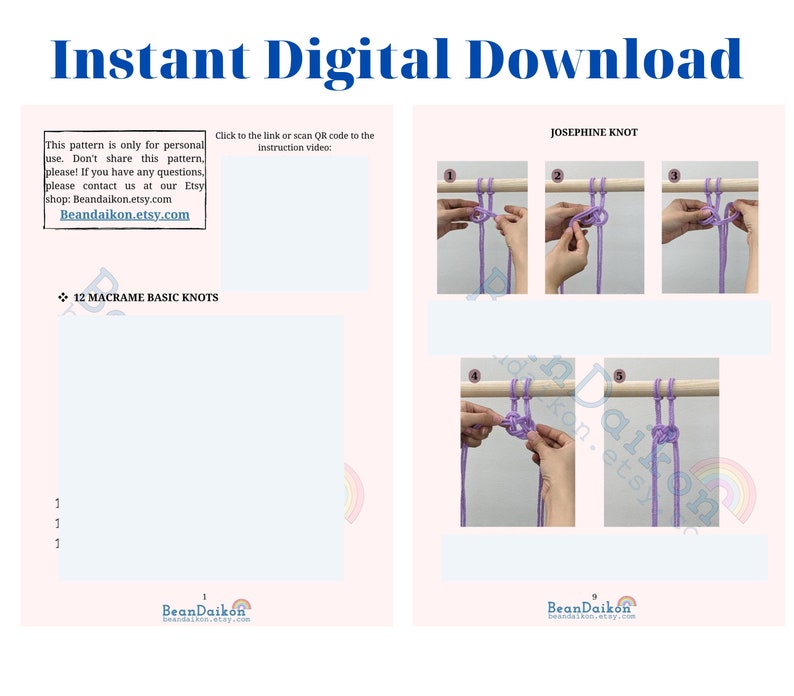 May include: A digital download guide for learning how to tie the Josephine knot in macrame. The guide includes step-by-step instructions with photos of each step. The knot is tied with purple cord around a wooden dowel.