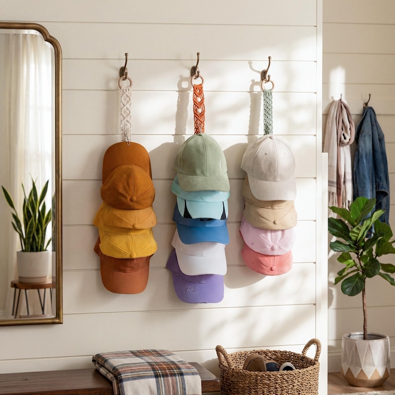 May include: Three sets of baseball caps in various colours hanging on hooks. The caps are stacked and held by decorative straps. Colours include shades of brown, yellow, green, blue, white, and pink. The wall is white with horizontal wood panelling.