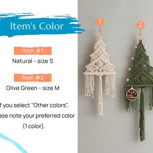 May include: Two macrame wall hangings shaped like Christmas trees. Item 1 is natural-coloured in size S. Item 2 is olive green in size M, featuring a wooden ornament with the text Merry Christmas. Both hang from a star-shaped wooden hook.