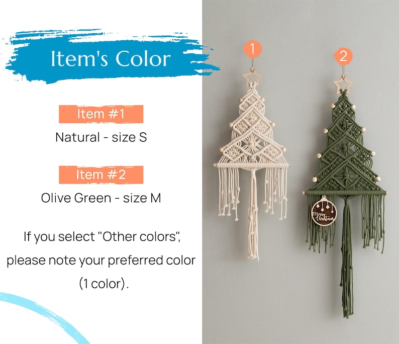May include: Two macrame wall hangings shaped like Christmas trees. Item 1 is natural-coloured in size S. Item 2 is olive green in size M, featuring a wooden ornament with the text Merry Christmas. Both hang from a star-shaped wooden hook.