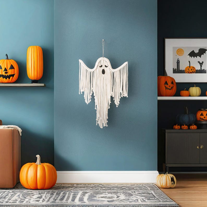 Macrame Ghost, Witchy Decor, Retro Halloween, Spooky Wall Art, Gifts For Goths, Hanging Decoration, Ghost Wall Decor, Cute Halloween V73 image 9