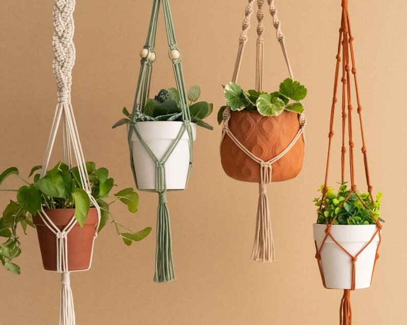 May include: Four macrame plant hangers in different styles and colours. Each hanger is holding a potted plant. The hangers are made from natural fibres and have a rustic look.