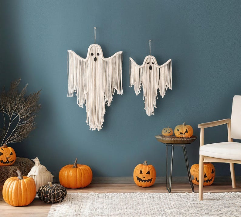Macrame Ghost, Witchy Decor, Retro Halloween, Spooky Wall Art, Gifts For Goths, Hanging Decoration, Ghost Wall Decor, Cute Halloween V73 image 7