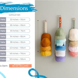 May include: A wall-mounted hat organiser with a macram&eacute; hanger, displaying several baseball caps in different colours. Dimensions vary from 55cm for 3 hats to 125cm for 10 hats. The item does not include hats.