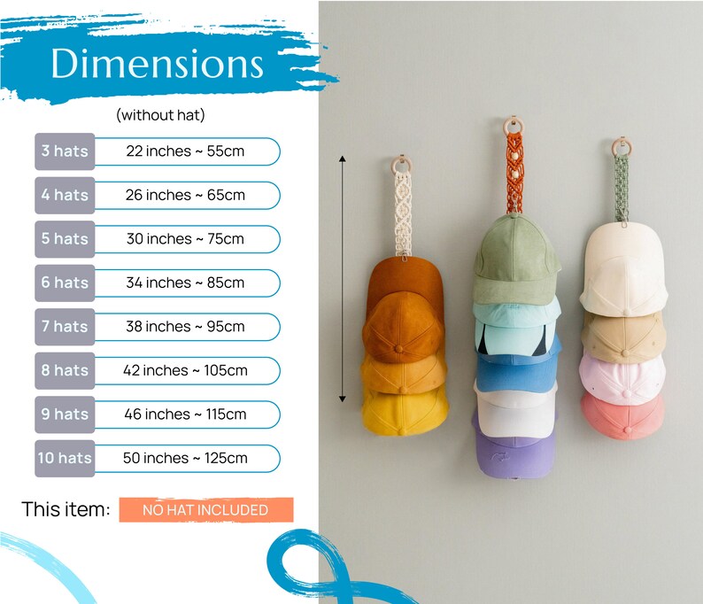 May include: A wall-mounted hat organiser with a macram&eacute; hanger, displaying several baseball caps in different colours. Dimensions vary from 55cm for 3 hats to 125cm for 10 hats. The item does not include hats.