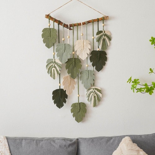 Green Leaves Macrame Wall Hanging, Macrame Feather, Farmhouse Wall Decor, Minimalist Wall Art, Boho Nursery Decor, Gift For The Home L02