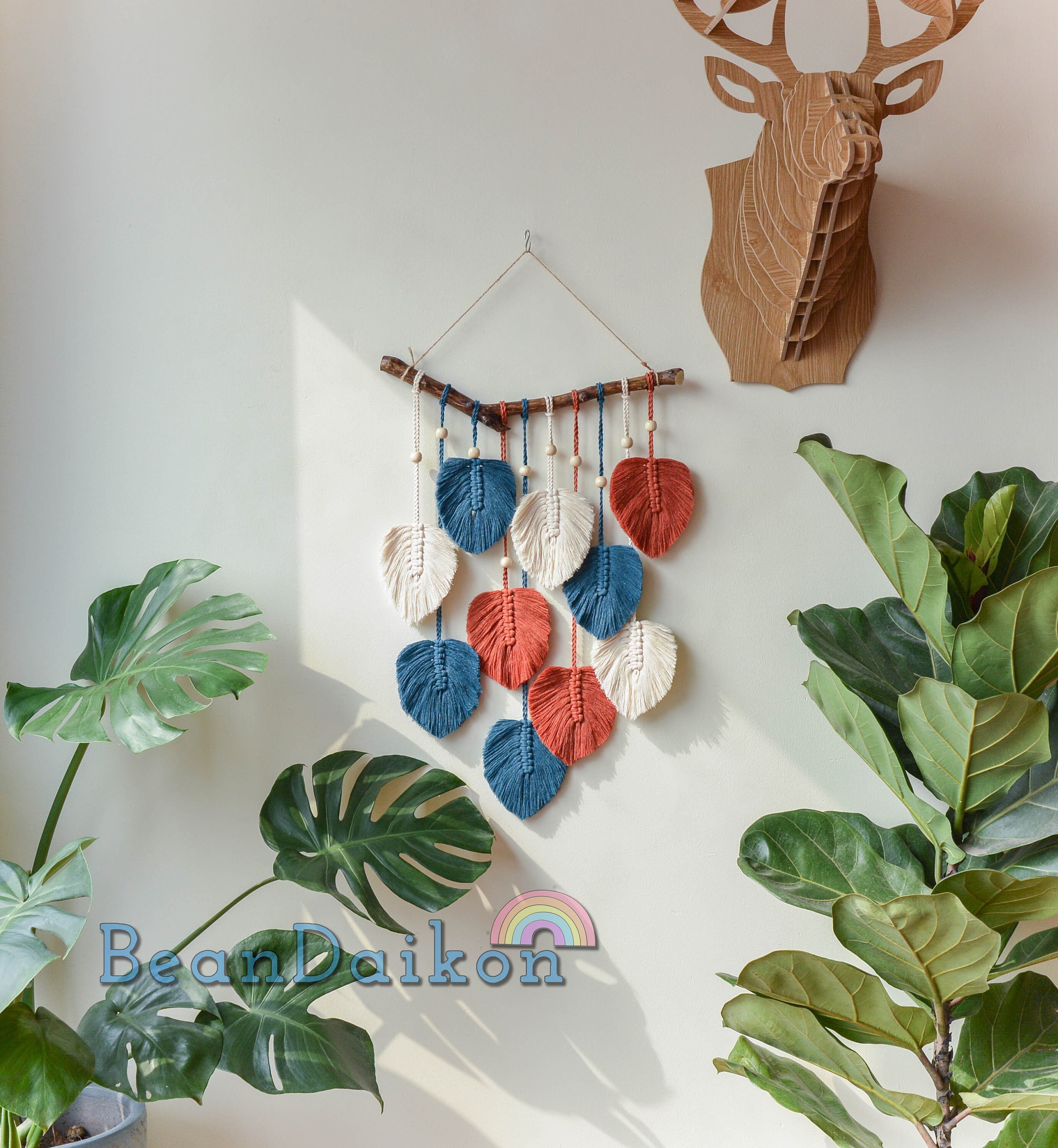 Green Leaves Macrame Wall Hanging Macrame Feather Wall Decor Etsy