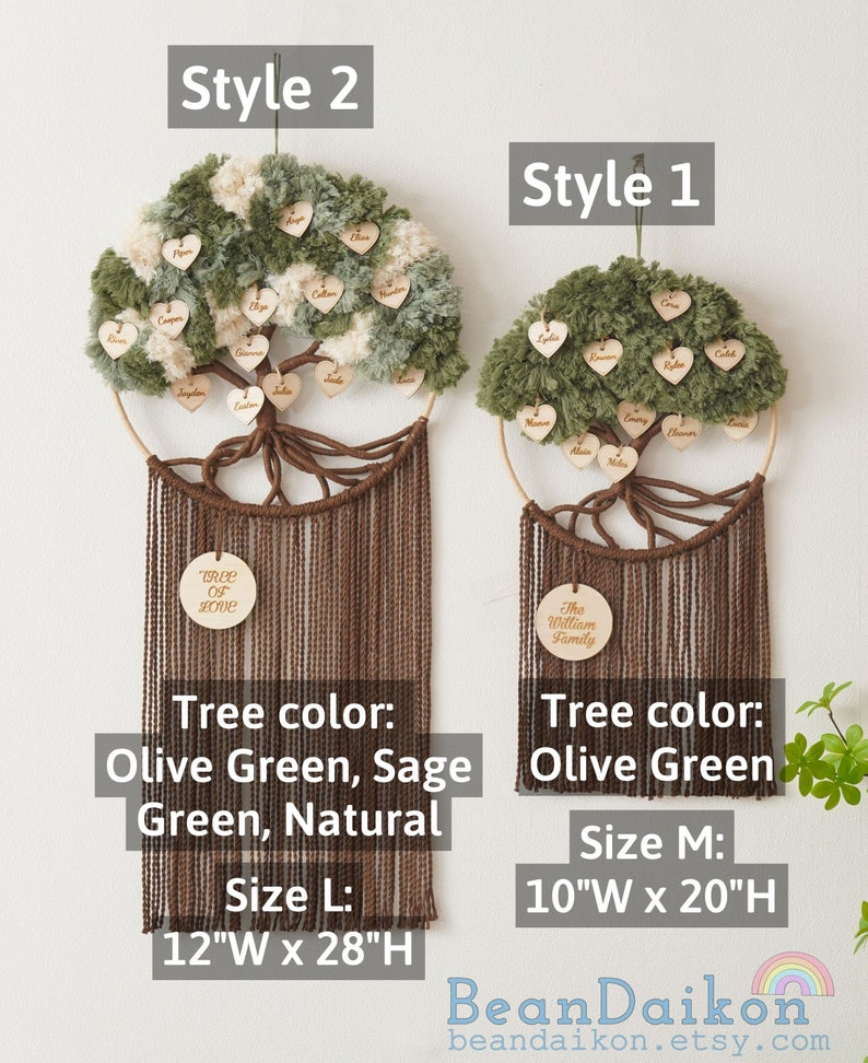 May include: Two handmade macrame tree wall hangings with personalized wooden hearts. The larger tree is 12 inches wide by 28 inches high and features olive green, sage green, and natural colored yarn. The smaller tree is 10 inches wide by 20 inches high and features olive green yarn. Both trees have a brown macrame fringe.