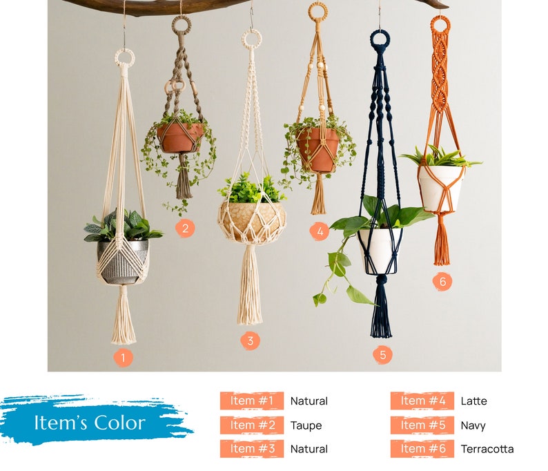 May include: Six macrame plant hangers in different colors, including natural, taupe, navy, terracotta, and latte. The hangers are made with cotton cord and have a tassel at the bottom. Each hanger is shown with a potted plant.