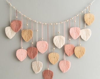 Macrame Leaves Garland, Jungle Nursery Decor, Green Leaves Decor, Macrame Boho Bunting, Leaves Garland, Macrame Wall Hanging L09