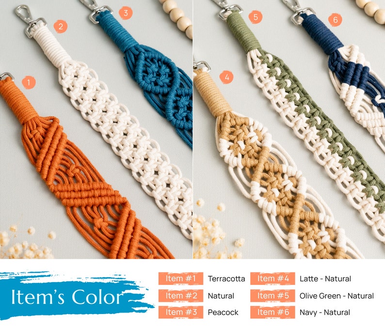 May include: Six macrame keychains in different color combinations. The keychains are made with natural cotton cord and feature a variety of colors, including terracotta, natural, peacock, olive green, and navy. The keychains are labeled with numbers 1 through 6 and their corresponding colors.
