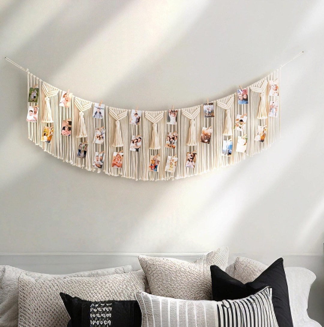 Boho Twine Photo Hanger Wall Display - With 10 Clips, Quadrangle Design, Dorm Room Decor