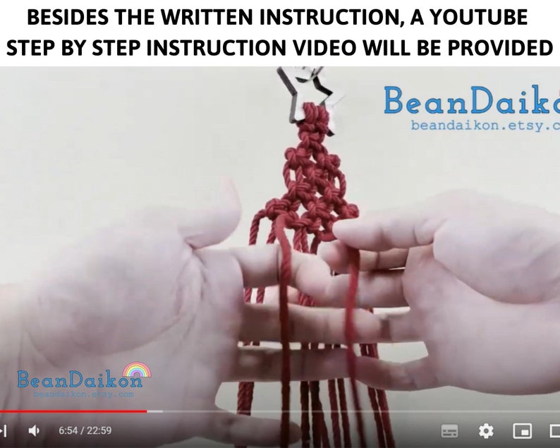 May include: A close-up of a person's hands demonstrating a macrame knotting technique. The red cords are tied together in a complex pattern, creating a decorative piece. The image includes the text "BeanDaikon" and a website address.