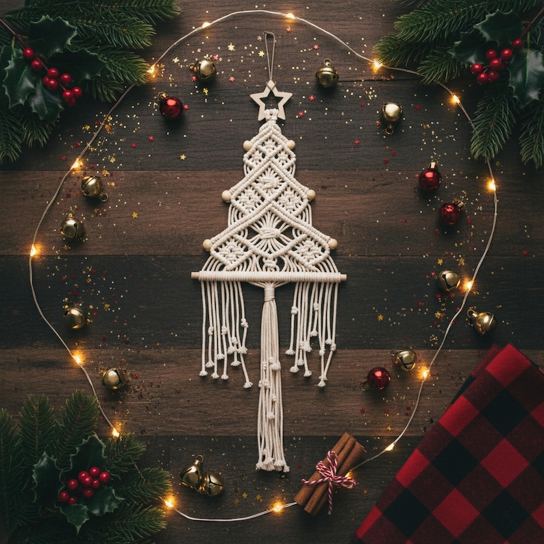 May include: A cream-coloured macrame wall hanging shaped like a Christmas tree, featuring intricate knotted patterns, wooden beads, and a star topper. The piece is suspended from a wooden dowel with long, fringed tassels hanging from the bottom.