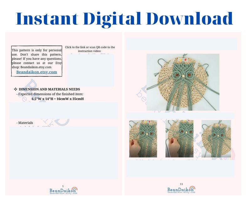 Peut inclure: Un patron de t&eacute;l&eacute;chargement num&eacute;rique instantan&eacute; pour un hibou en macram&eacute;. Le patron comprend des dimensions de 16cm de large x 35cm de haut. Le texte sur la page indique "Instant Digital Download" et "Beandaikon.etsy.com".