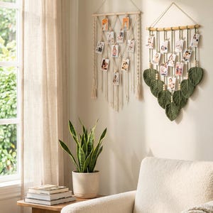Suporte para fotos em macramê, expositor de fotos em estilo boho, decoração de parede para dormitório com colagem, expositor de fotos Instax, presentes de Natal, inclui prendedores de madeira H02 imagem 11