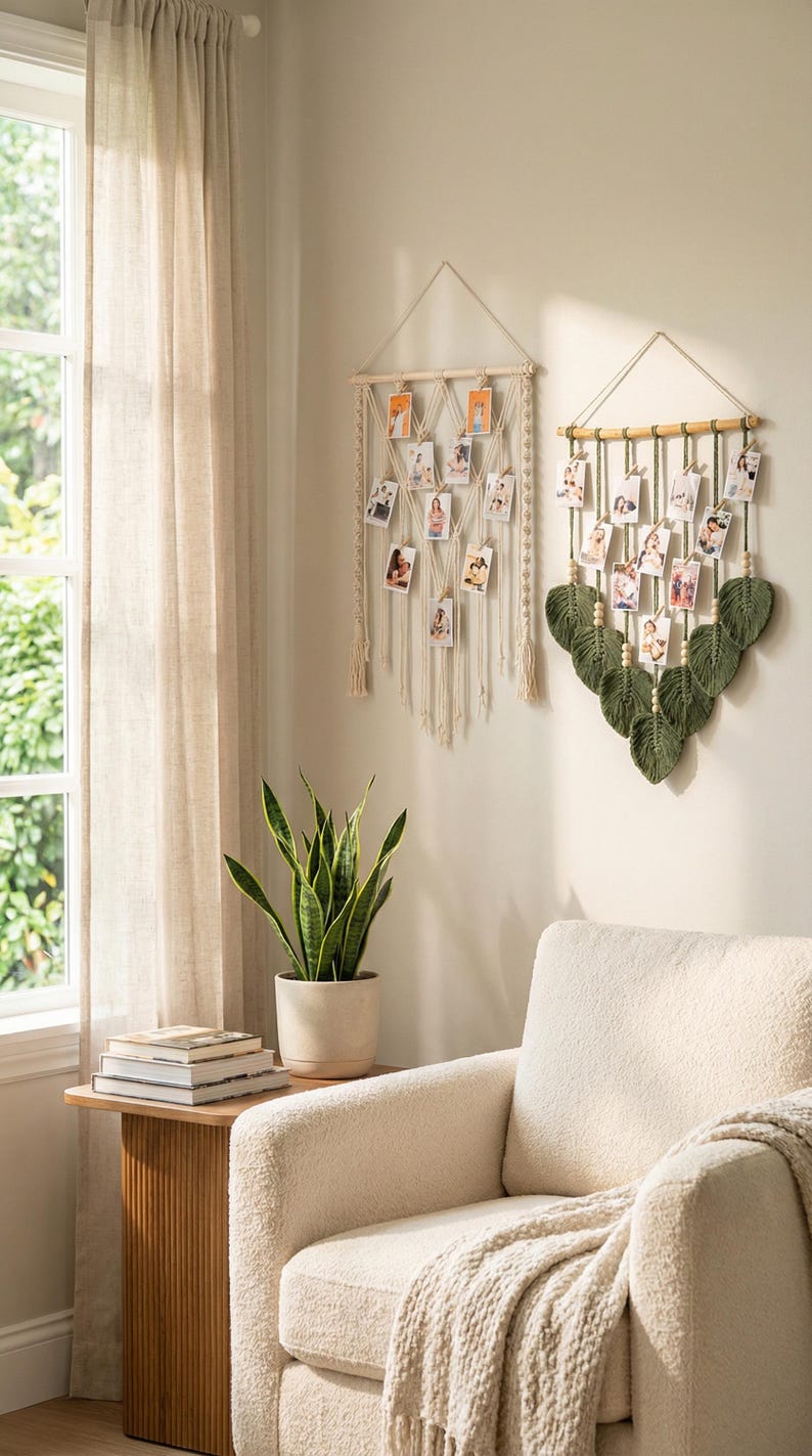Suporte para fotos em macramê, expositor de fotos em estilo boho, decoração de parede para dormitório com colagem, expositor de fotos Instax, presentes de Natal, inclui prendedores de madeira H02 imagem 11
