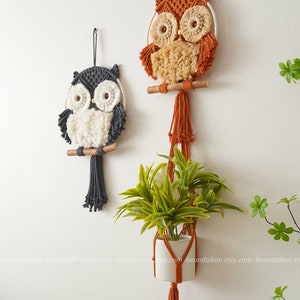 Peut inclure: Deux tentures murales en macram&eacute; en forme de hibou avec des chevilles en bois et des glands. Le hibou de gauche est gris et blanc, et le hibou de droite est orange et blanc. Une plante est suspendue au hibou orange.