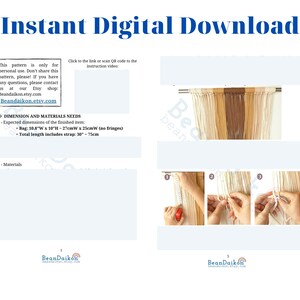 May include: A digital download pattern for a macrame wall hanging. The pattern includes instructions and a photo of the finished product, which is a 10.8 inches wide by 10 inches high macrame wall hanging with a 30 inch strap. The pattern also includes a photo of the steps involved in making the wall hanging.