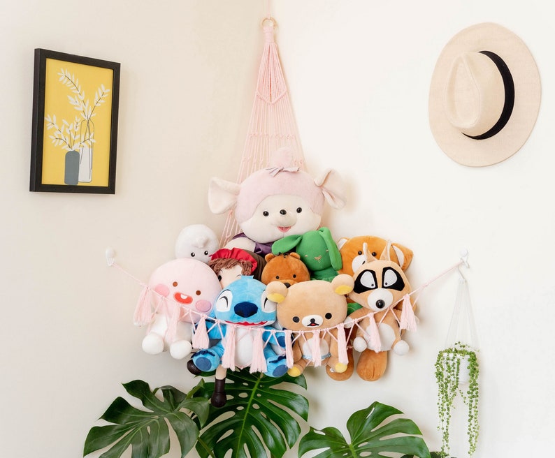 Makrama Hamak Zabawek, Przechowywanie Pluszowych Zwierząt, Uchwyt Squishmallow, Przechowywanie Dziecięcych Pokojów, Boho Przechowywanie Zabawek, Hamak Pluszowych Zwierząt H20 zdjęcie 8