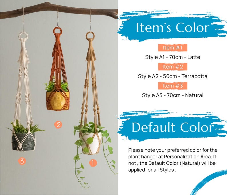May include: Three macrame plant hangers in different colors and sizes. The hangers are made of natural cotton cord and have a knotted design. The hangers are shown with plants in pots. The text on the image reads "Item's Color" and lists the different styles and colors of the hangers. The text also reads "Default Color" and explains that the default color is natural.