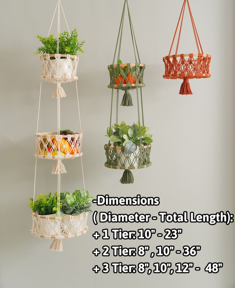 May include: Three macrame plant hangers with wooden rings and tassels. The hangers are in different colors and sizes, with one being a three-tiered hanger. -Dimensions (Diameter - Total Length): +1 Tier: 10" - 23" + 2 Tier: 8", 10"-36" + 3 Tier: 8", 10", 12" - 48"